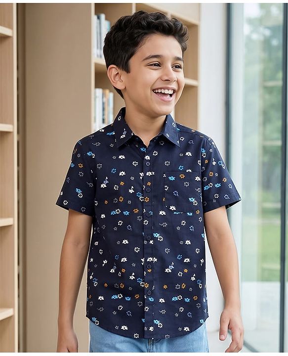 Pine Kids Cotton Woven Printed Shirts Half Sleeves Blue 4-5 Years