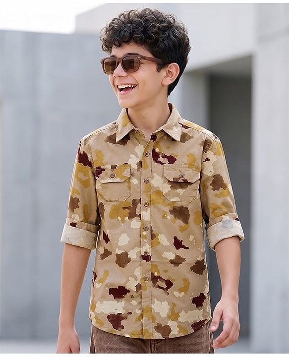 Pine Kids Cotton Woven Full Sleeves Shirt With Camouflage Print - Brown