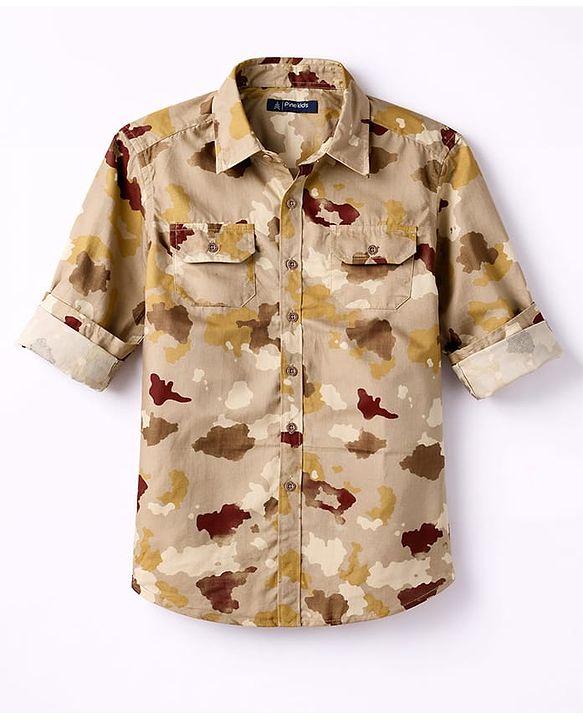 Pine Kids Cotton Woven Full Sleeves Shirt With Camouflage Print - Brown