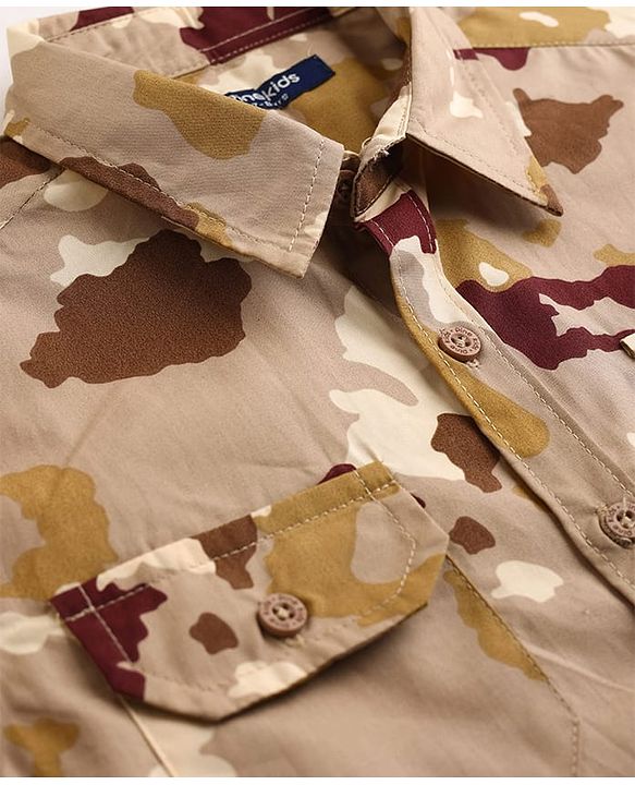 Pine Kids Cotton Woven Full Sleeves Shirt With Camouflage Print - Brown