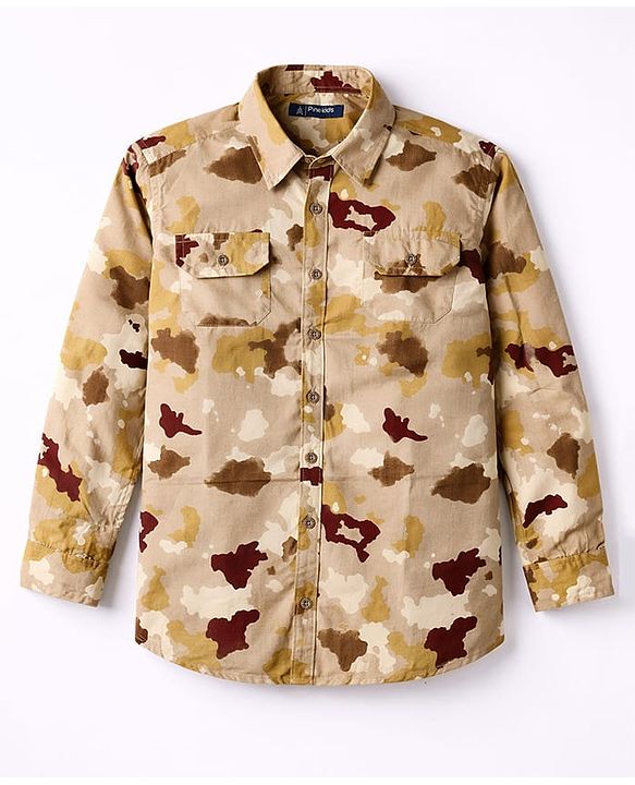 Pine Kids Cotton Woven Full Sleeves Shirt With Camouflage Print - Brown