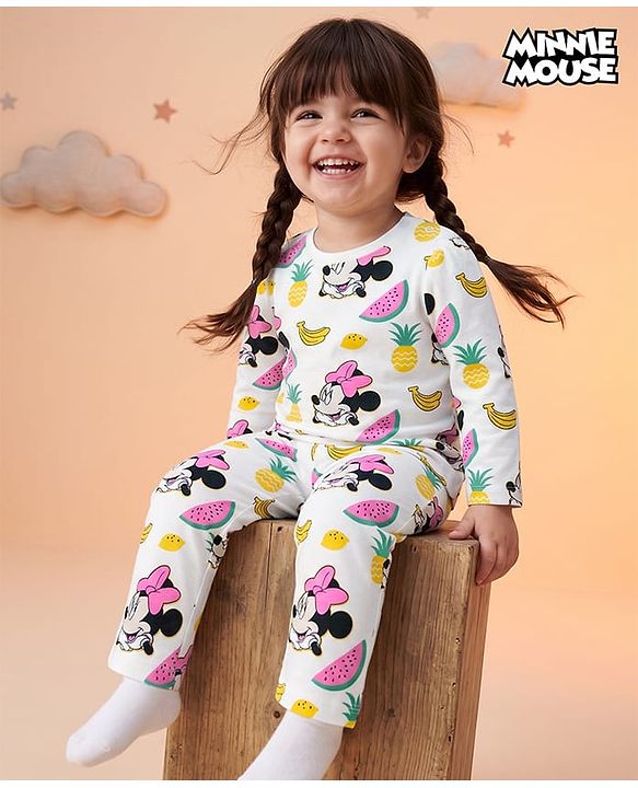 Babyhug Disney Single Jersey Knit Full Sleeves T-Shirt & Pyjama Night Suit with Minnie Mouse Print - White
