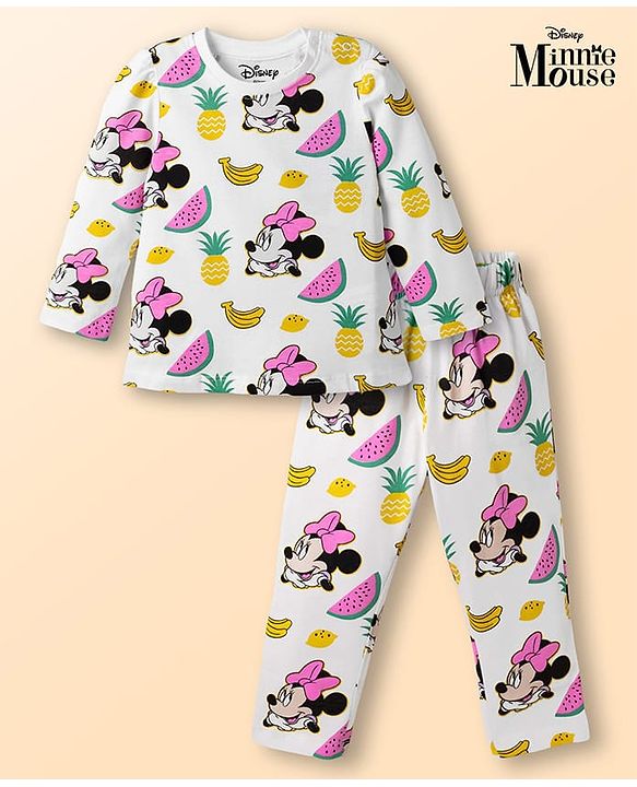 Babyhug Disney Single Jersey Knit Full Sleeves T-Shirt & Pyjama Night Suit with Minnie Mouse Print - White