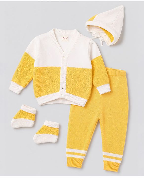 Babyhug Knit Full Sleeves Striped Sweater Set With Cap & Booties - Yellow