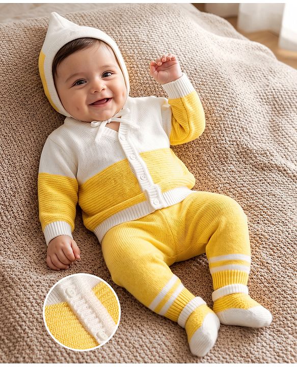 Babyhug Knit Full Sleeves Striped Sweater Set With Cap & Booties - Yellow