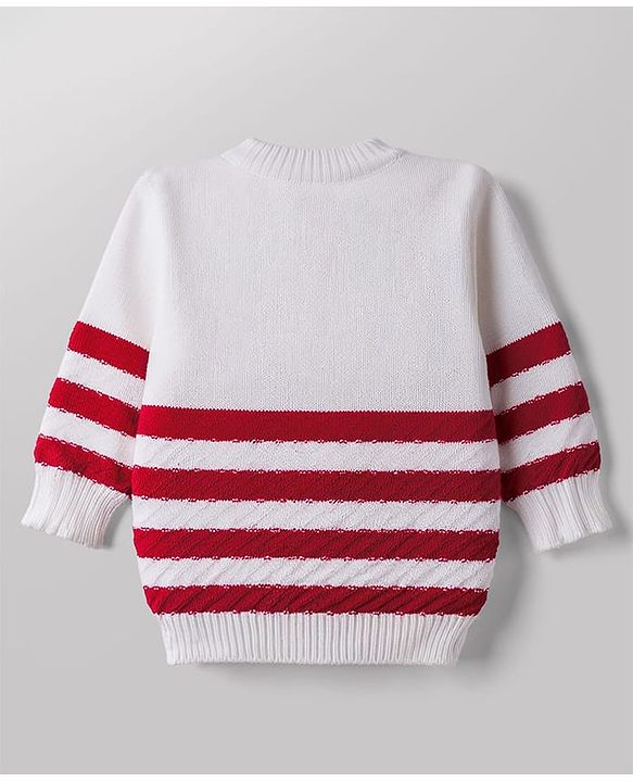 Babyhug Knit Full Sleeves Striped Sweater Set with Cap and Booties - White & Red