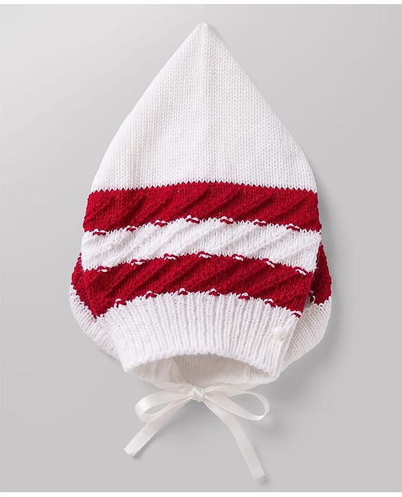 Babyhug Knit Full Sleeves Striped Sweater Set with Cap and Booties - White & Red