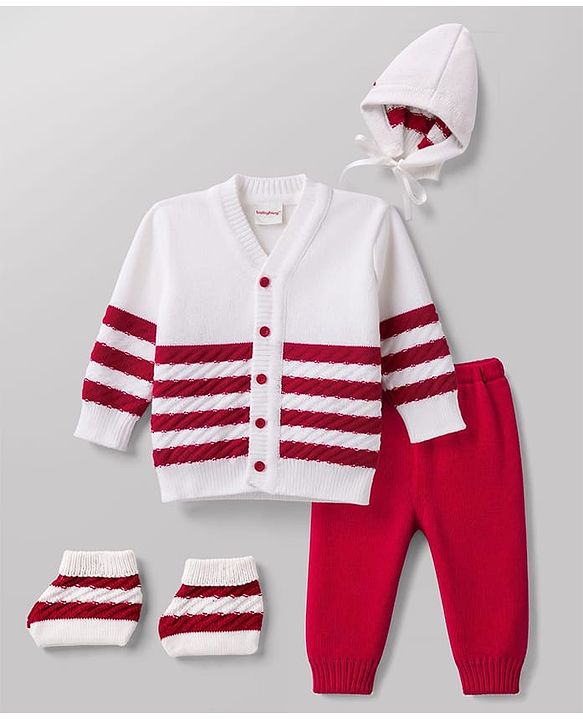 Babyhug Knit Full Sleeves Striped Sweater Set with Cap and Booties - White & Red