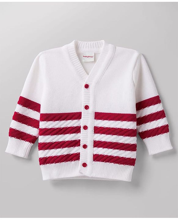 Babyhug Knit Full Sleeves Striped Sweater Set with Cap and Booties - White & Red