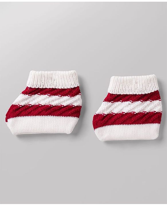 Babyhug Knit Full Sleeves Striped Sweater Set with Cap and Booties - White & Red