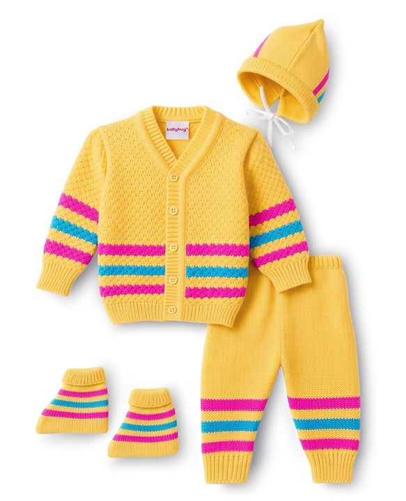 Babyhug Knit Full Sleeves Striped Sweater Set with Cap and Booties - Yellow