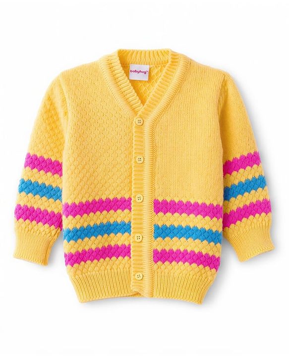 Babyhug Knit Full Sleeves Striped Sweater Set with Cap and Booties - Yellow