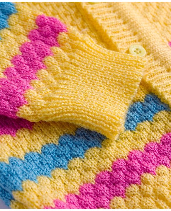Babyhug Knit Full Sleeves Striped Sweater Set with Cap and Booties - Yellow