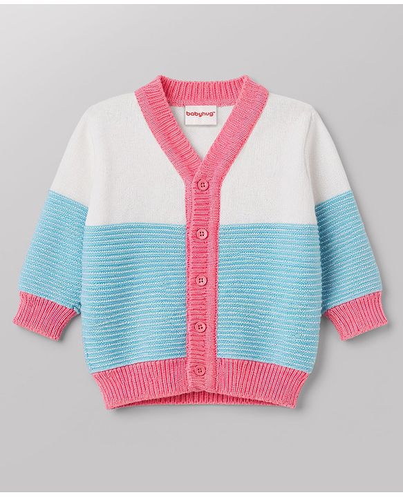 Babyhug Knit Full Sleeves Striped Sweater Set With Booties & Cap - Teal Blue