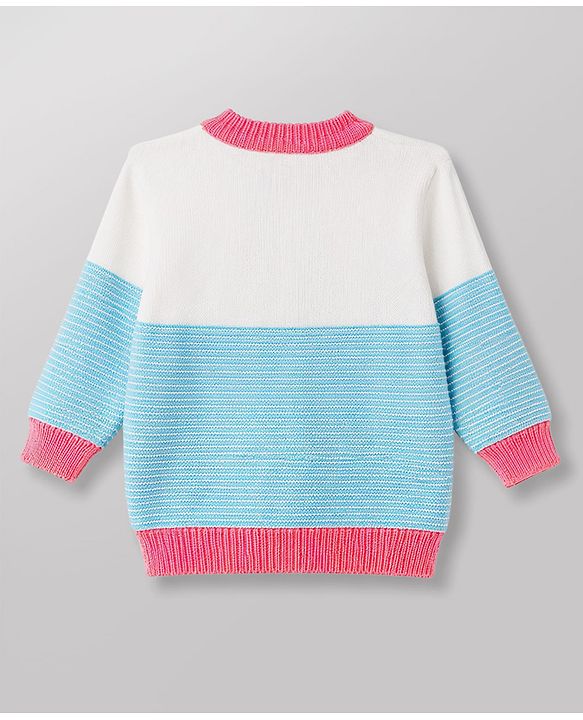 Babyhug Knit Full Sleeves Striped Sweater Set With Booties & Cap - Teal Blue