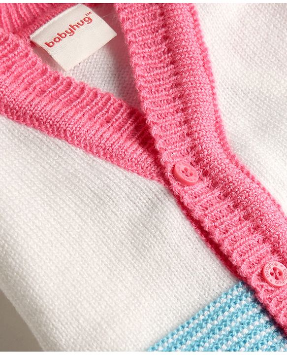 Babyhug Knit Full Sleeves Striped Sweater Set With Booties & Cap - Teal Blue