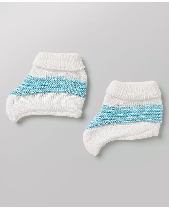 Babyhug Knit Full Sleeves Striped Sweater Set With Booties & Cap - Teal Blue