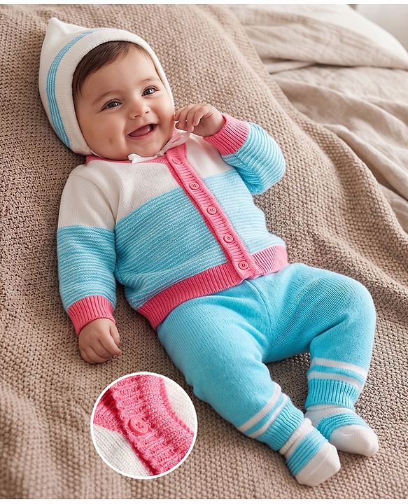 Babyhug Knit Full Sleeves Striped Sweater Set With Booties & Cap - Teal Blue