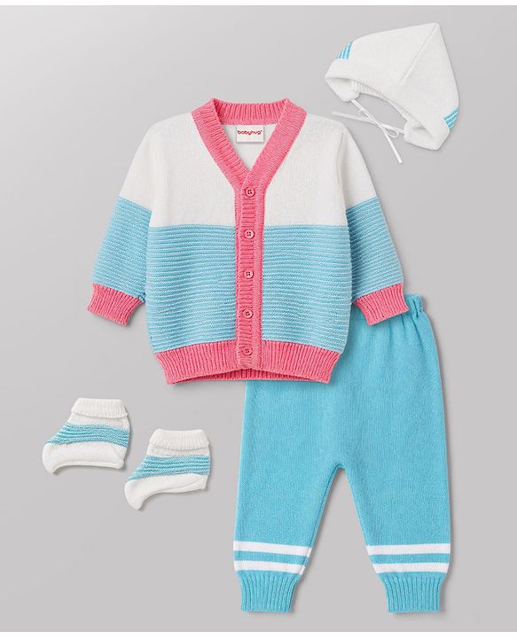 Babyhug Knit Full Sleeves Striped Sweater Set With Booties & Cap - Teal Blue