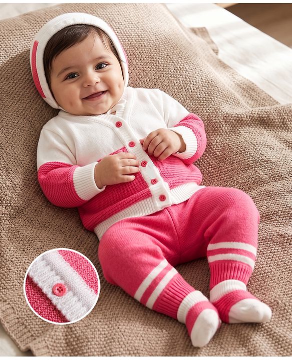 Babyhug Knit Full Sleeves Striped Sweater Set With Cap & Booties Set - Dark Pink