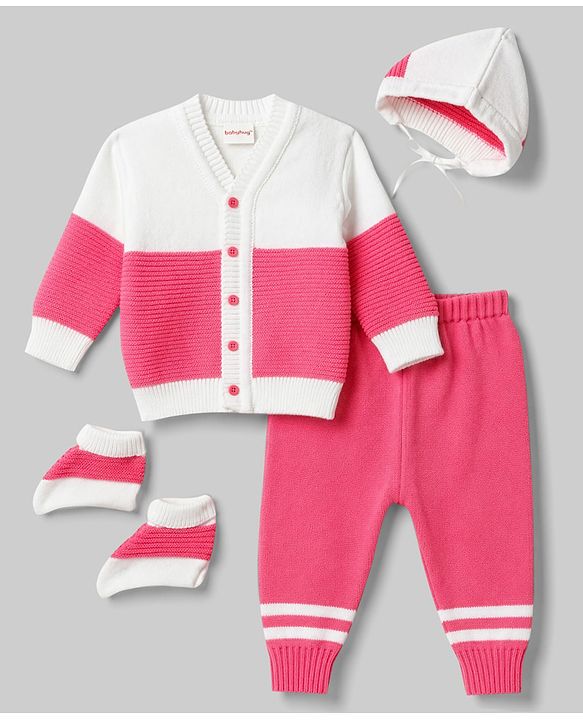 Babyhug Knit Full Sleeves Striped Sweater Set With Cap & Booties Set - Dark Pink