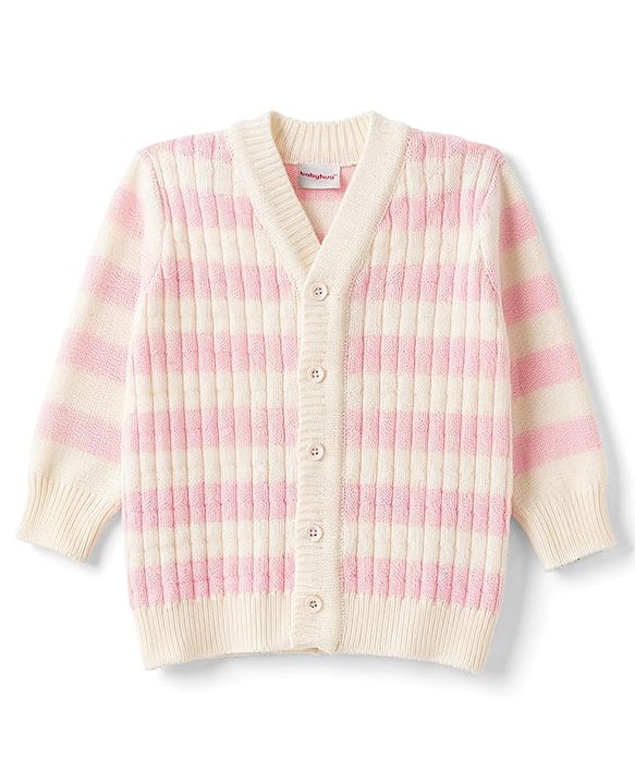 Babyhug Knit Full Sleeves Striped Sweater Set with Cap and Booties - White & Pink
