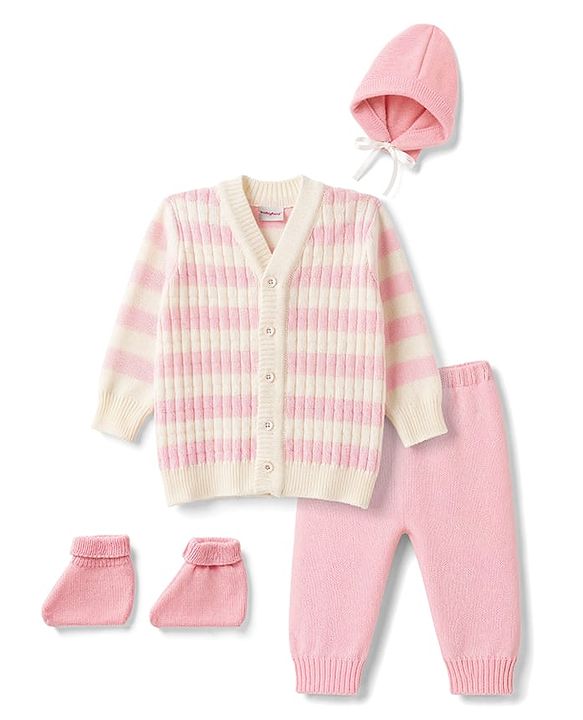Babyhug Knit Full Sleeves Striped Sweater Set with Cap and Booties - White & Pink