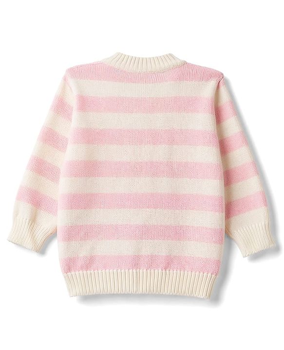 Babyhug Knit Full Sleeves Striped Sweater Set with Cap and Booties - White & Pink