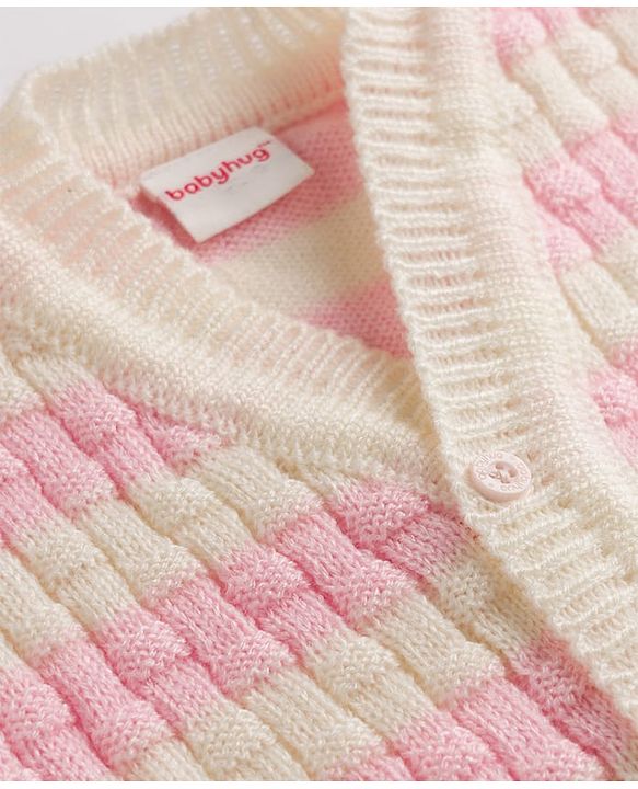 Babyhug Knit Full Sleeves Striped Sweater Set with Cap and Booties - White & Pink