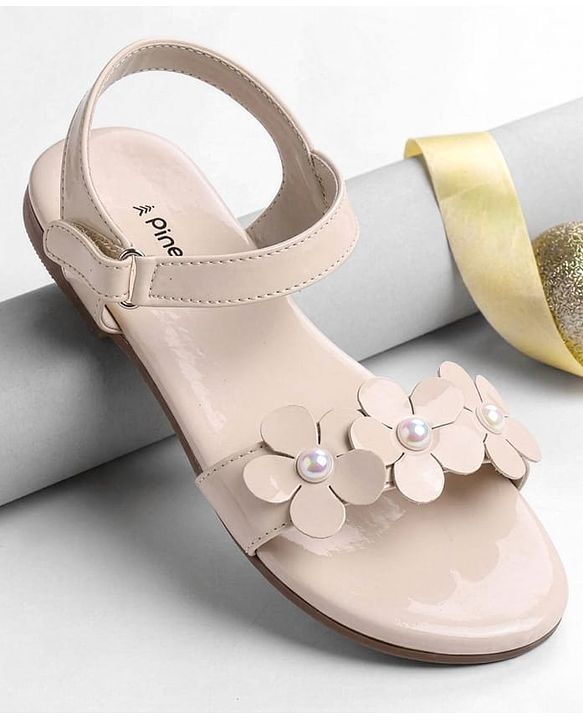 Pine Kids Velcro Closure Sandals With Floral Applique - Beige