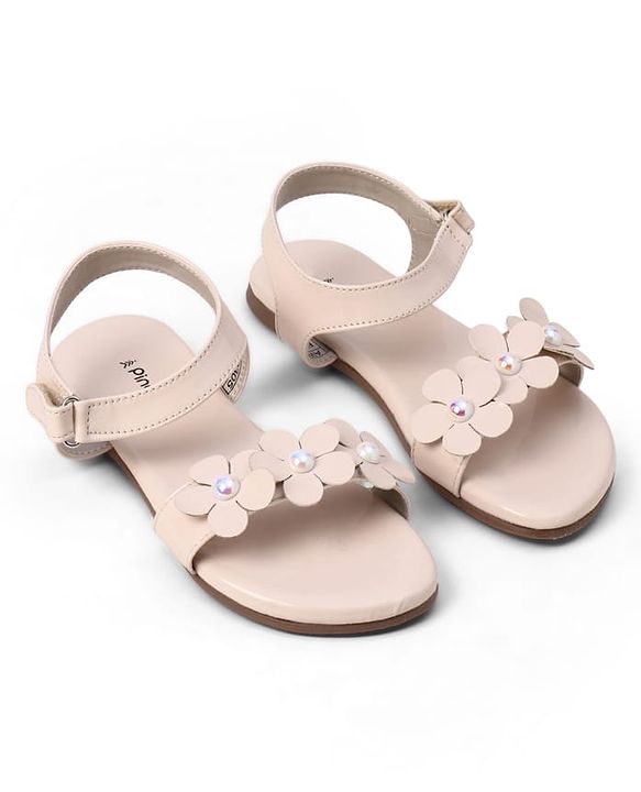 Pine Kids Velcro Closure Sandals With Floral Applique - Beige