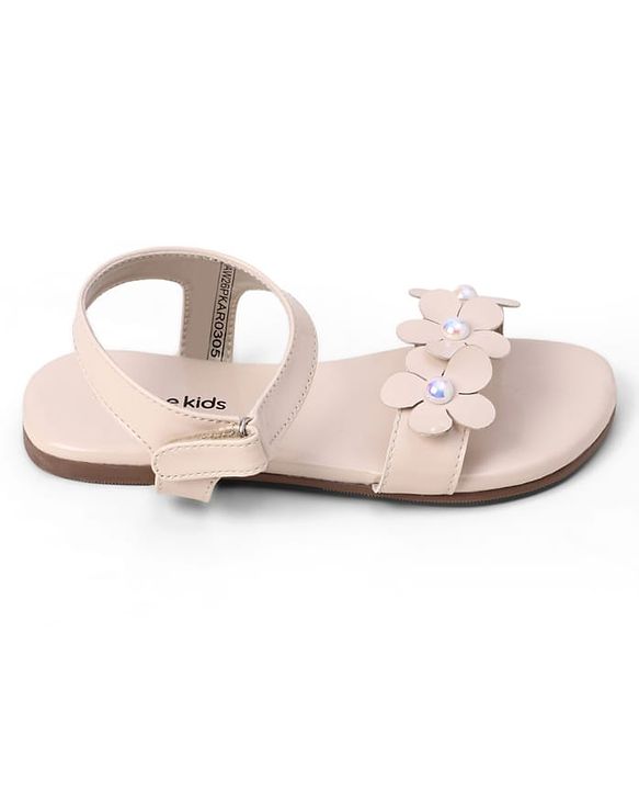 Pine Kids Velcro Closure Sandals With Floral Applique - Beige