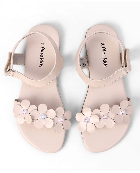 Pine Kids Velcro Closure Sandals With Floral Applique - Beige