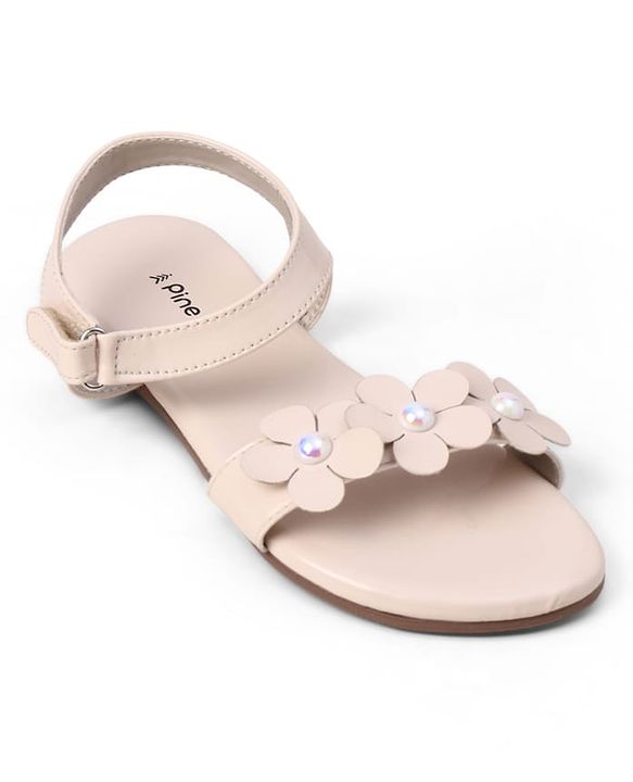 Pine Kids Velcro Closure Sandals With Floral Applique - Beige