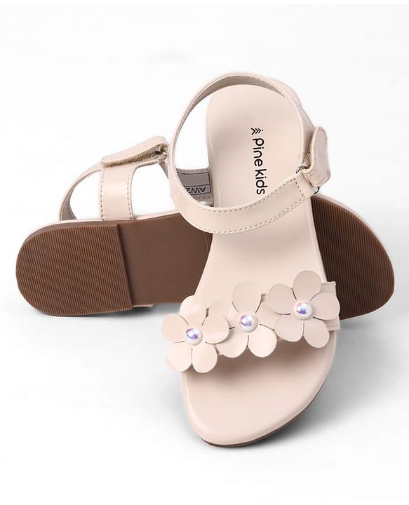 Pine Kids Velcro Closure Sandals With Floral Applique - Beige