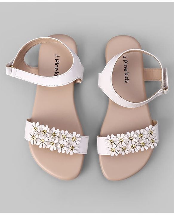 Pine Kids Velcro Closure Sandals With Floral Detailing - White