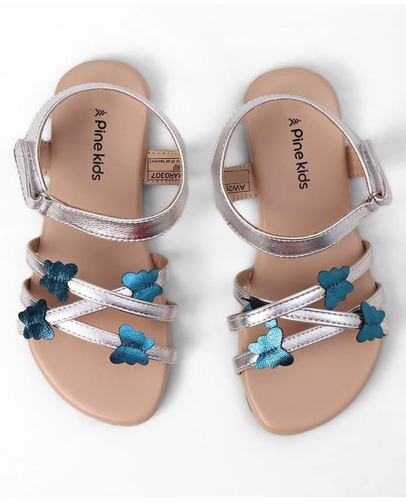 Pine Kids Buckle Closure Sandals With Butterfly Applique - Silver