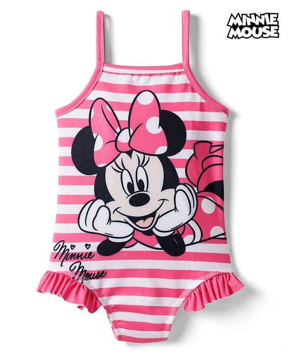 Babyhug Disney Sleeveless V Cut Swimsuit with Frill Design & Minnie Mouse Print - Pink