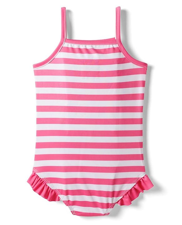 Babyhug Disney Sleeveless V Cut Swimsuit with Frill Design & Minnie Mouse Print - Pink
