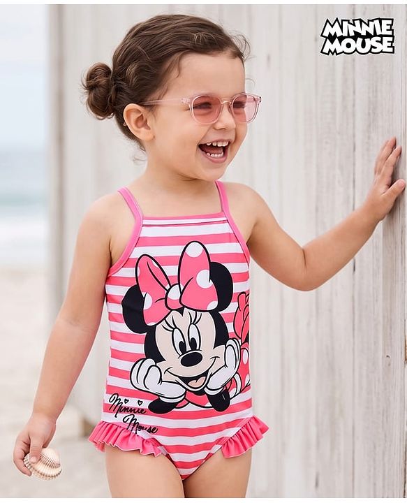 Babyhug Disney Sleeveless V Cut Swimsuit with Frill Design & Minnie Mouse Print - Pink