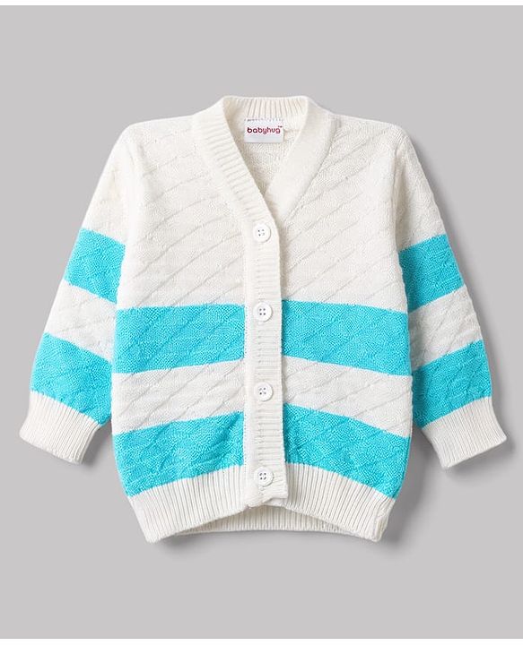 Babyhug Knit Full Sleeves Striped 4 Piece Sweater & Pant Set With Cap & Booties - Light Blue