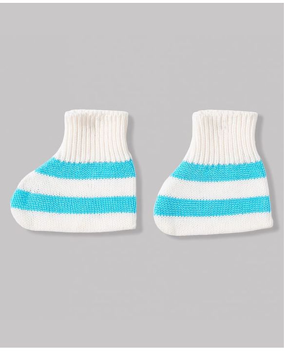 Babyhug Knit Full Sleeves Striped 4 Piece Sweater & Pant Set With Cap & Booties - Light Blue