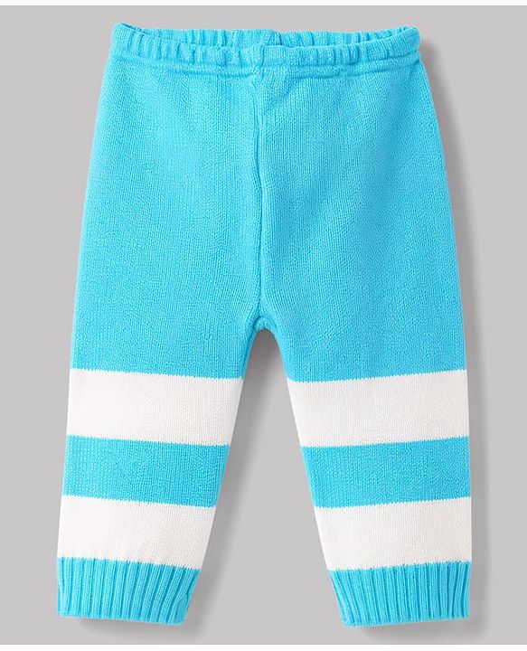 Babyhug Knit Full Sleeves Striped 4 Piece Sweater & Pant Set With Cap & Booties - Light Blue