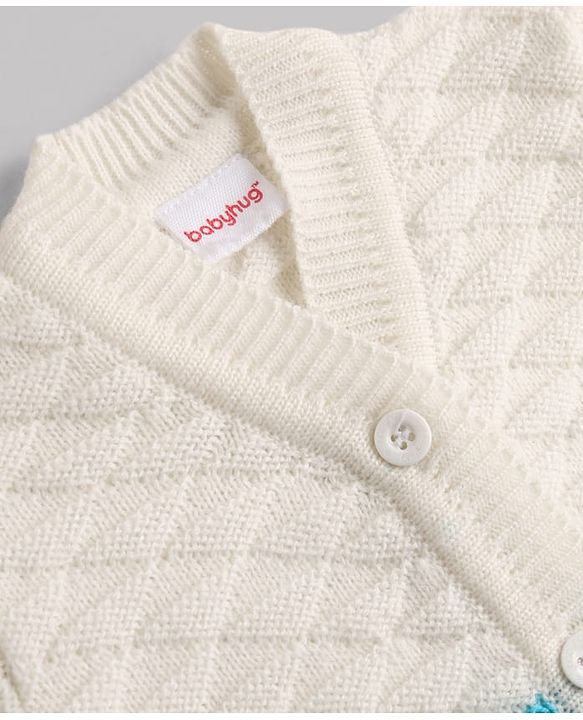Babyhug Knit Full Sleeves Striped 4 Piece Sweater & Pant Set With Cap & Booties - Light Blue