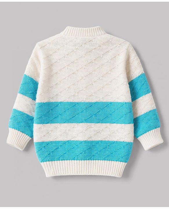 Babyhug Knit Full Sleeves Striped 4 Piece Sweater & Pant Set With Cap & Booties - Light Blue