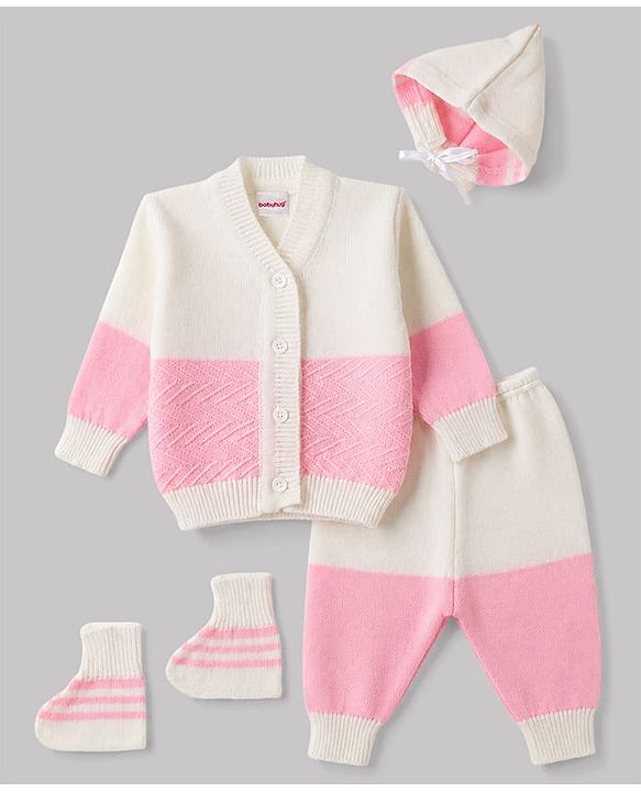 Babyhug Knit Full Sleeves Striped 4 Piece Sweater & Pant Set With Cap & Booties - Pink