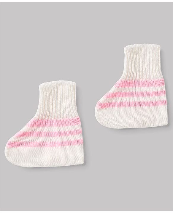 Babyhug Knit Full Sleeves Striped 4 Piece Sweater & Pant Set With Cap & Booties - Pink