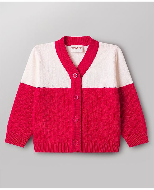 Babyhug Knit Full Sleeves Front Open Colour Block Sweater Set with Cap & Booties - Red & White