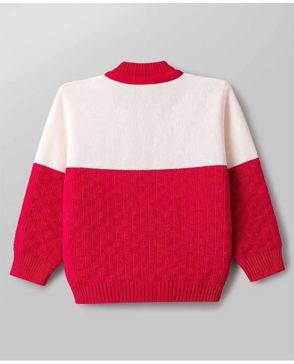 Babyhug Knit Full Sleeves Front Open Colour Block Sweater Set with Cap & Booties - Red & White