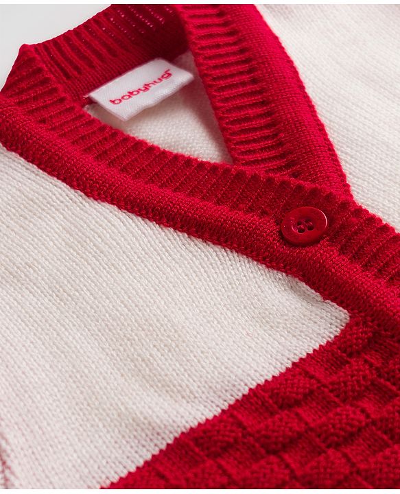 Babyhug Knit Full Sleeves Front Open Colour Block Sweater Set with Cap & Booties - Red & White